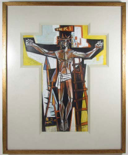 Virgil Cantini pastel Crucifixion: Artist: Cantini, Virgil D.(American, 1919-2009) Title: Crucifixion Date: 1950's Medium: pastel and chalk on paper Dimensions: 22 x 17 inches Signature: signed Cantini lower right Provena