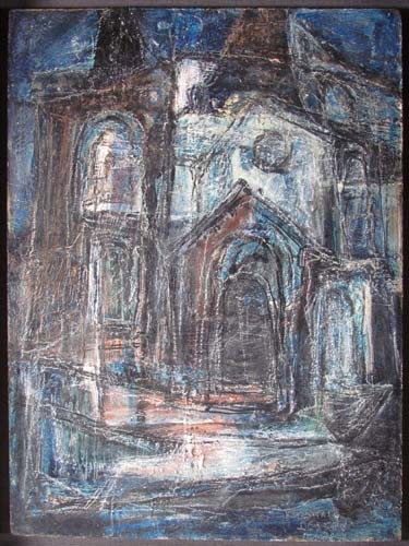 Donald Deskey oil ptg. "Church": Artist: Deskey, Donald (American 1894-1989) Title: Church Façade (Eglise) Date: circa 1955 Medium: oil on board Dimensions: 16 x 12 inches Description: An interesting cubist surrealist renderin