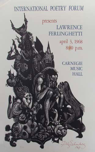 Fritz Eichenberg orig poster for Ferlinghetti: Artist: Eichenberg, Fritz (German/American 1901-1990) Title: IPF presents Lawrence Ferlingetti Date: 1968 Medium: wood engraving Dimensions: 26 x 18.5 inches Edition: 19 of 30 Signature: