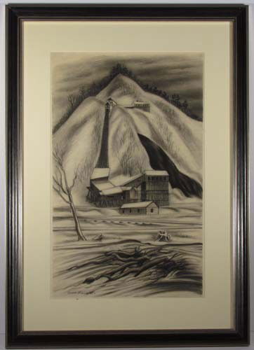 Ernest Fiene charcoal drawing "Coal Mine": Artist: Fiene, Ernest (German/American 1894 - 1965) Title: Coal Mine Date: 1939 Medium: Charcoal and crayon Dimensions: 22.75 x 14.25 Description: snowy landscape with coal mining rail terminal