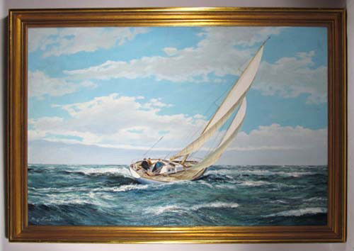 M.G. Friedrich painting of Yacht Under Sail: Artist: Friedrich, M.G. (German 20th Century) Title: Yacht Under Sail Medium: oil on canvas Dimensions: 24 x 36 inches Description: oil painting of 3 men out for a day sail on their yacht, as they tur