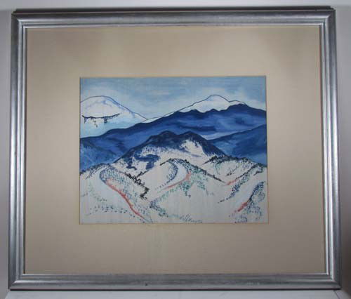 Carol Geis gouache on masonite mountain scene: Artist: Geis, Carol (20th Century Western American) Title: Sangre De Cristo Mountains Medium: gouache on masonite Dimensions: 19 x 15 Description: colorist mountain landscape in blue tones Signatur