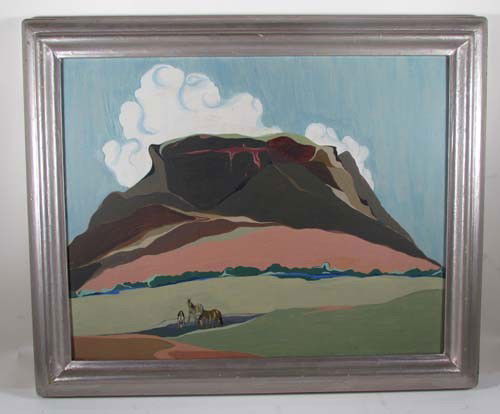 Carol Geis oil on board New Mexico landscape: Artist: Geis, Carol (20th Century Western American) Title: Ponies and Mesa Date: circa 1950 Medium: oil on board Dimensions: 16 x 20 Description: beautiful colorist landscape with ponies drinki