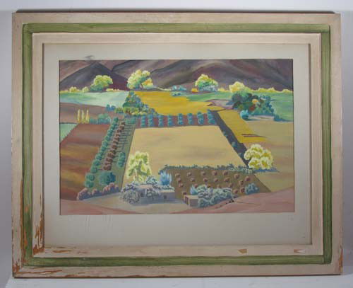Carol Geis tempera "New Mexico Landscape": Artist: Geis, Carol (20th Century Western American) Title: "New Mexico Landscape" Date: circa 1950 Medium: tempera Dimensions: 18 x 24" Description: colorist tempera landscape of New Mexico far