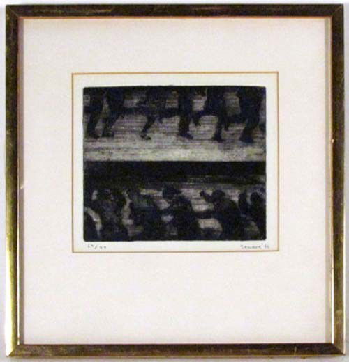 Juan Genoves orig etching and aquatint from 1966: Artist: Genoves, Juan (Spanish, born 1930) Title: Untitled Repeating Figures Date: 1966 Medium: etching and aquatint Dimensions: 4 3/4 x 5 3/4 inches Edition: 67/70 Description: a ho
