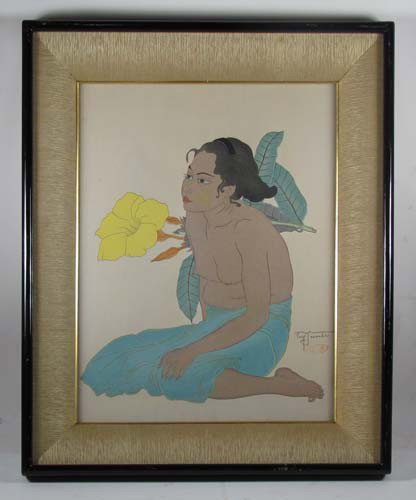 Paul Jacoulet woodblock print of girl with flowers: Artist: Jacoulet, Paul Title: Jejune Fille de Saipan et Fleurs 'dHibiscus Date: published June 30, 1934 Medium: woodblock print with mica fleck background Dimensions: 16 x 12.25, possibly cropped from