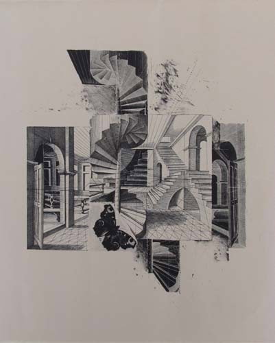 Marie Kelly lithograph after Escher: Artist: Kelly, Marie Tuicillo (American 1917-2001) Title: Surreal Interior Date: 1978 Medium: lithograph Dimensions: 13 x 12 inches Edition: 27 / 35 Signature: pencil signed and date