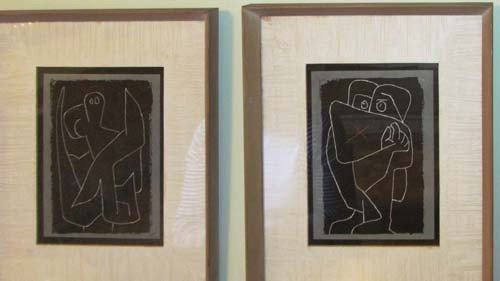Pair of Paul Klee pochoir prints: Artist: Klee, After Paul Title: Pair of Line Figure prints Medium: pochoir prints Dimensions: 8 x 7 inches (sight) each Signature: signed Klee in the plate on each print Frame Type: painted woo