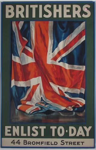 LIPSCOMBE, Guy BRITISHERS ENLIST TO-DAY: Artist: LIPSCOMBE, Guy (1881-1952) Title: BRITISHERS ENLIST TO-DAY Date: 1906 Medium: lithograph in colors, The Hegeman Print N.Y. Dimensions: 40.75 x 26.75 inches Frame Type: blue metal