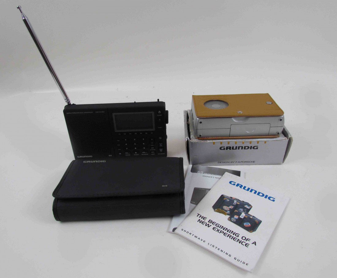 Pair of Grundig Shortwave Radios G-2000A & G5: Title: Pair of Shortwave Grundig Radios: G-2000A design by Porsche and G5 with AM/FM Stereo/SW Dual Conversion Medium: radios Dimensions: 6.5 x 4 x 1.5 inches and slightly smaller