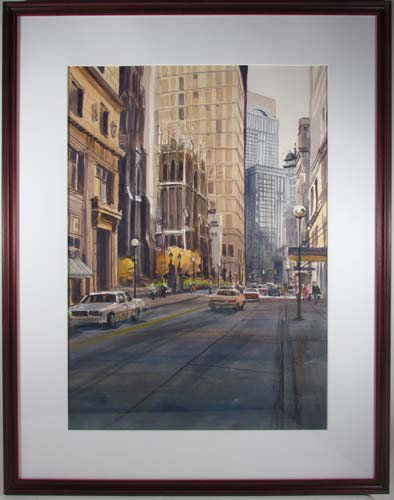 Thomas McNickle Watercolor of 6th Ave. Downtown Pi: Artist: McNickle, Thomas ( American, W.PA, b. 1944) Title: Looking Up 6th Avenue Downtown Pittsburgh in front of Duquesne Club Medium: watercolor on paper Dimensions: 27 3/4 x 20 inches Signature: sig