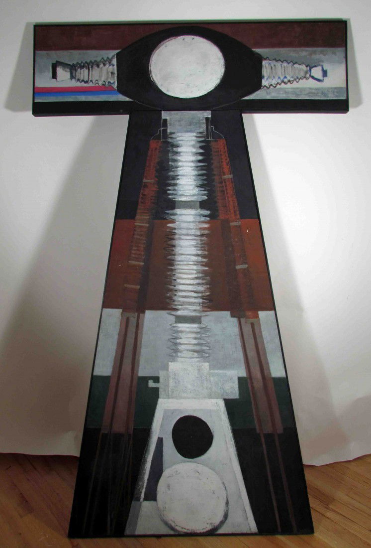 Louise Pershing untitled abstract painting: Artist: Pershing, Louise (American 1904-1985) Title: Transformer Medium: oil on canvas Dimensions: 81 x 50 inches (irregular) Description: abstract, oil on canvas, two panel Signature: lower