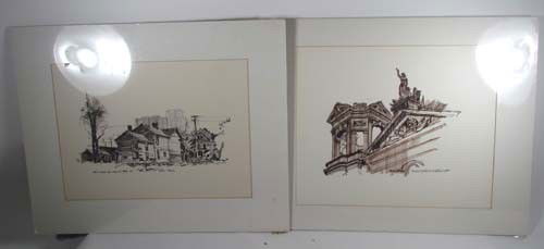 2 Norton Peterson drawings of Pittsburgh: Artist: Peterson, Norton (20th Century American Illustrator) Title: East Liberty Way Penn and Negley 1966 and The Old Post Office at Smithfield and 4th Date: 1966 Medium: ink and ink wash drawings Dim