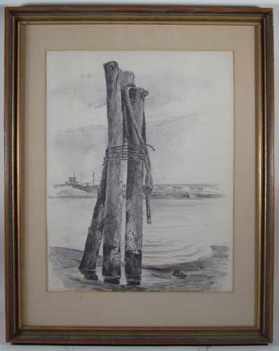 John Shryock drawing Pylons Near Boating Docks: Artist: Shryock, John Carter (20th Century American, Western Pa.) Title: Coastal Pylons Medium: pencil on paper Dimensions: 15 1/2 x 12 1/4 inches Description: A realistic graphite rendering of a wate