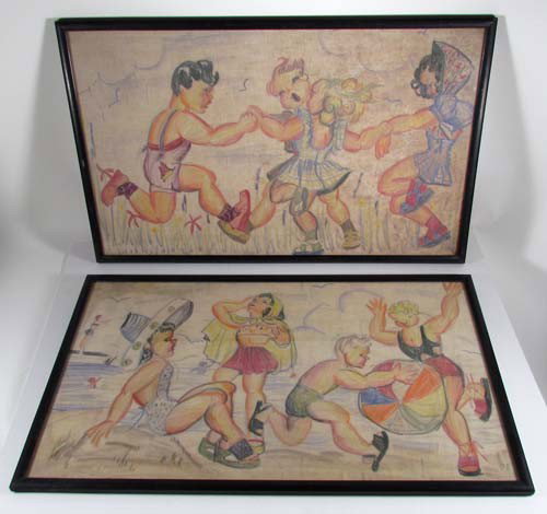 Pair of Mozelle Thompson Pastel Drawings: Artist: Thompson, Mozelle (American, 1926-1969) Title: Family Playing at The Beach; Children Ring Around the Rosey Medium: pastel on linen fabric Dimensions: 20 x 31.5 inches and slightly smaller Sign