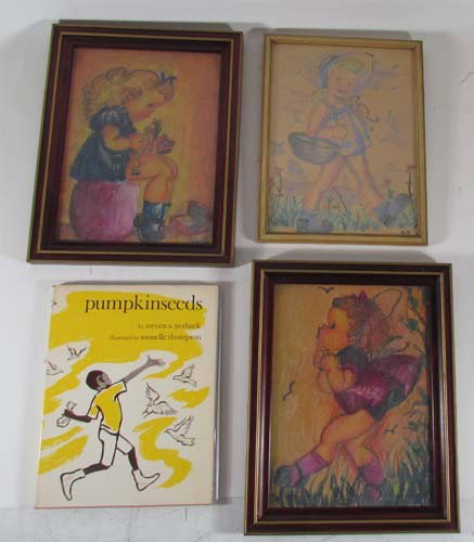 Four Mozelle Thompson Pastel Drawings of Girls: Artist: Thompson, Mozelle (American, 1926-1969) Title: Girls At Play (lot also includes "Pumpkinseeds," a book by Steven Yezback, illustrated by Thompson) Medium: pastel on paper Dimensions: 12 x 9 in