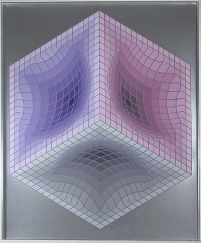 Victor Vasarely original serigraph Three Faced Cub: Artist: Vasarely, Victor (Hungarian/French 1906-1997) Title: Three Faced Cube Medium: serigraph printed in colors on silver ground (possibly printed background) Dimensions: 32 x 27.5 inches (sight siz