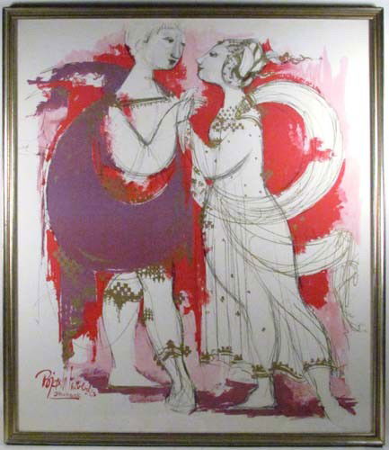 Bjorn Winblad poster with Classical Lovers: Artist: WINBLAD, BJORN (Danish, 1918-2006) Title: Classical Opera Figures Date: 1963 Medium: color lithograph with foil inlay Dimensions: 28 x 24 inches Signature: signed and dated in the plat