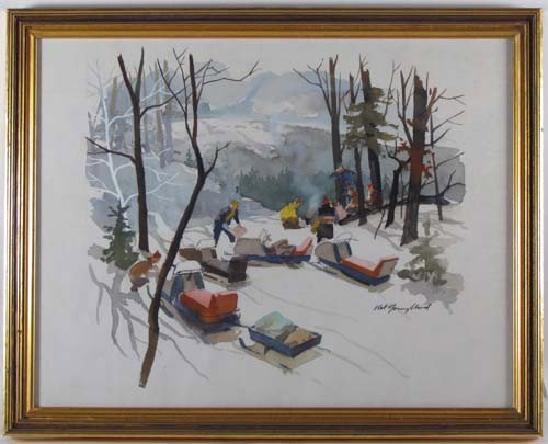 Nat Youngblood watercolor and pen and ink: Artist: Youngblood, Nat H. (American, Western Pa. 1916-2009) Title: Snow Mobile Stop in the Winter Woods to Warm Up by a Fire; Hippie in an Art Exhibition Medium: watercolor on paper; pen and ink on p