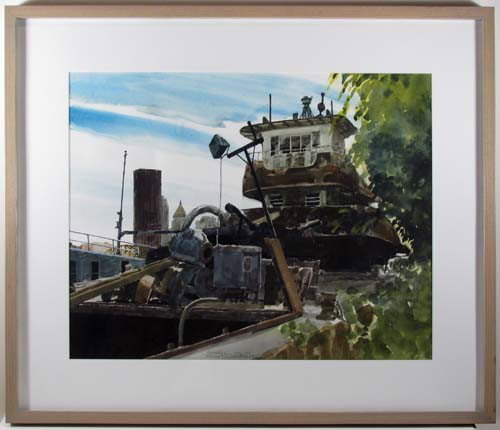 Robert Bowden Watercolor, Tug on the Allegheny: Robert Bowden Zubic's Navy, 1993 Watercolor on paper 18 x 23 inches sight size Signed in Pencil-middle bottom maple frame measuring 26 x 31 inches