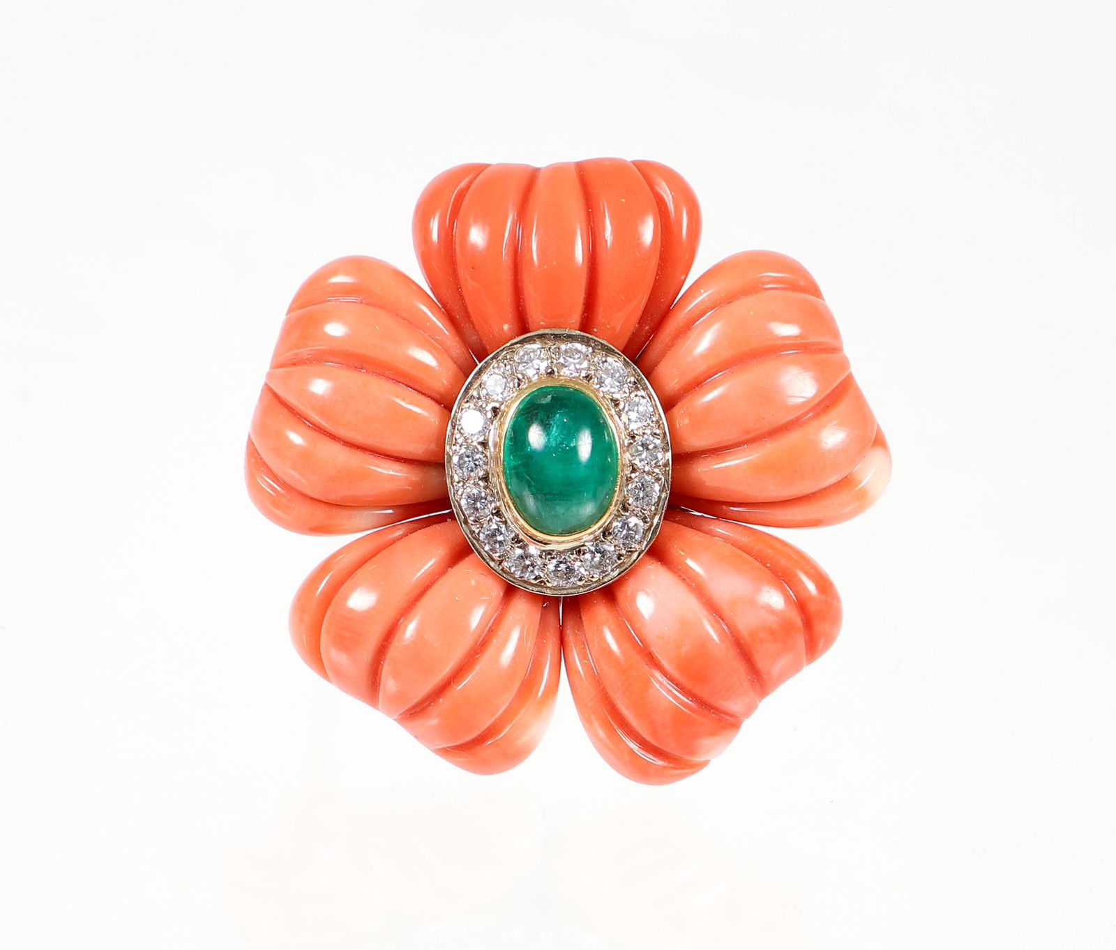 18K Coral Emerald Diamond Flower Pendant Pin (1 of 4)