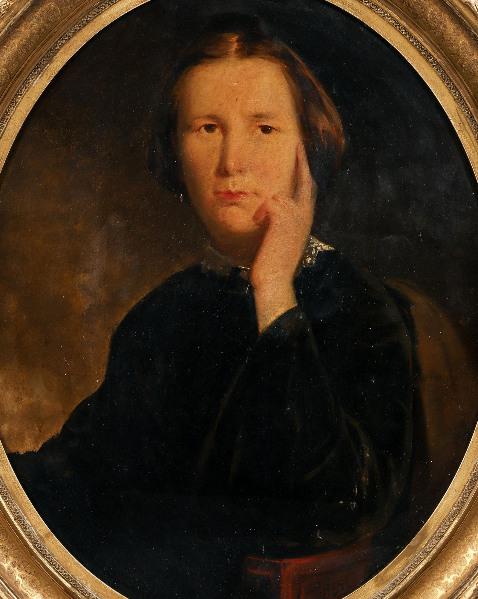 David Gilmour Blythe Portrait of a Woman: Blythe, David Gilmour (American, 1815-1865), Portrait of a Pensive Woman, oil on canvas, Dimension: 27 x 22 inches (oval), Signature: signed Blythe lower right, Frame Type: built up acorn and vine rel