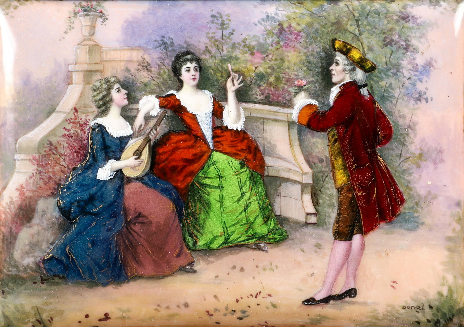 Dorval framed enamel on metal Courting Scene (1 of 4)