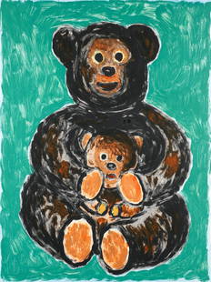 Luis Cruz Azaceta 1989 color monotype Teddy Bears II: Azaceta, Luis Cruz (Cuban/American, b. 1942), Teddy Bears II, 1989, color monotype on Arches, signed and dated lower right, titled on the verso, image 24 x 18 inches, full sheet 30 x 22.5 inches, unfr