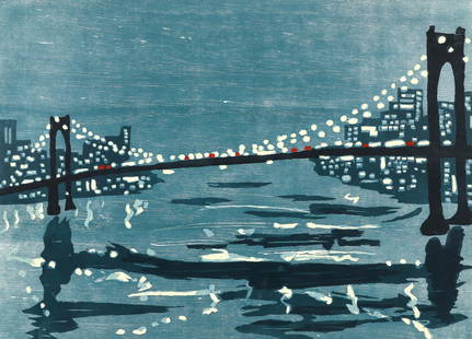 Richard Bosman 1997 color woodcut Bridges III: Bosman, Richard (Australian/American, born 1944), Bridges III, 1997, color woodcut, 18 x 25 inches, pencil signed and numbered 30/50, unframed.