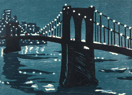 Richard Bosman 1997 color woodcut Bridges IV: Bosman, Richard (Australian/American, born 1944), Bridges IV, 1997, color woodcut, 18 x 25 inches, pencil signed and numbered 46/50, unframed.