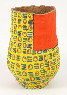 Marce Nixon-Washington Yellow Vase: Nixon-Washington, Marce, Vase in Yellow, Orange, and Blue (yellow background), 2022, hand glazed ceramic, 20 x 13 x 13 inches, signed on underside. "The vibrant vessels are an echo of African