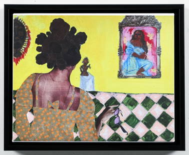 Jameelah Platt Untitled Canvas Print: Platt, Jameelah, Untitled, 2022, digital collage on canvas, 11 x14 inches, framed in a black floater frame measuring 12 x 15 inches Artist Bio: With a priority to create work that heals her