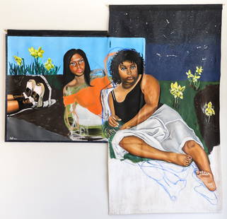 Rell Rushin A Place For Us ptg: Rushin, Rell, A Place For Us, 2022, oil and acrylic on handmade canvas tapestry, 6 x 6 feet (irregular) "â€œA Place for Us” is a self portrait of my young self and present self as a