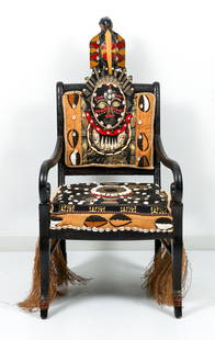 Ruth Bedeian Heritage sculpture: Bedeian, Ruth, Heritage, chair sculpture with mixed media, fiber, beading, and shells, 48 x 22 x 22 inches. "A life size chair decorated with fabric, cowrie shells, cording, straw, copper wire, and