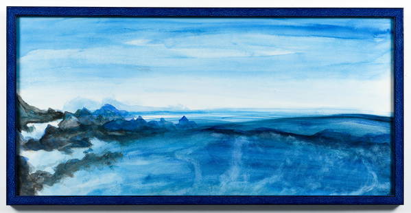 Milli Mickle Floating Blue, 2017: Mickle, Milli, Floating Blue, 2017, watercolor on paper, 14 x 29.5 inches, signed lower right, framed in a blue frame measuring 15 x 30 inches Artist Statement: I have been drawing on and off for