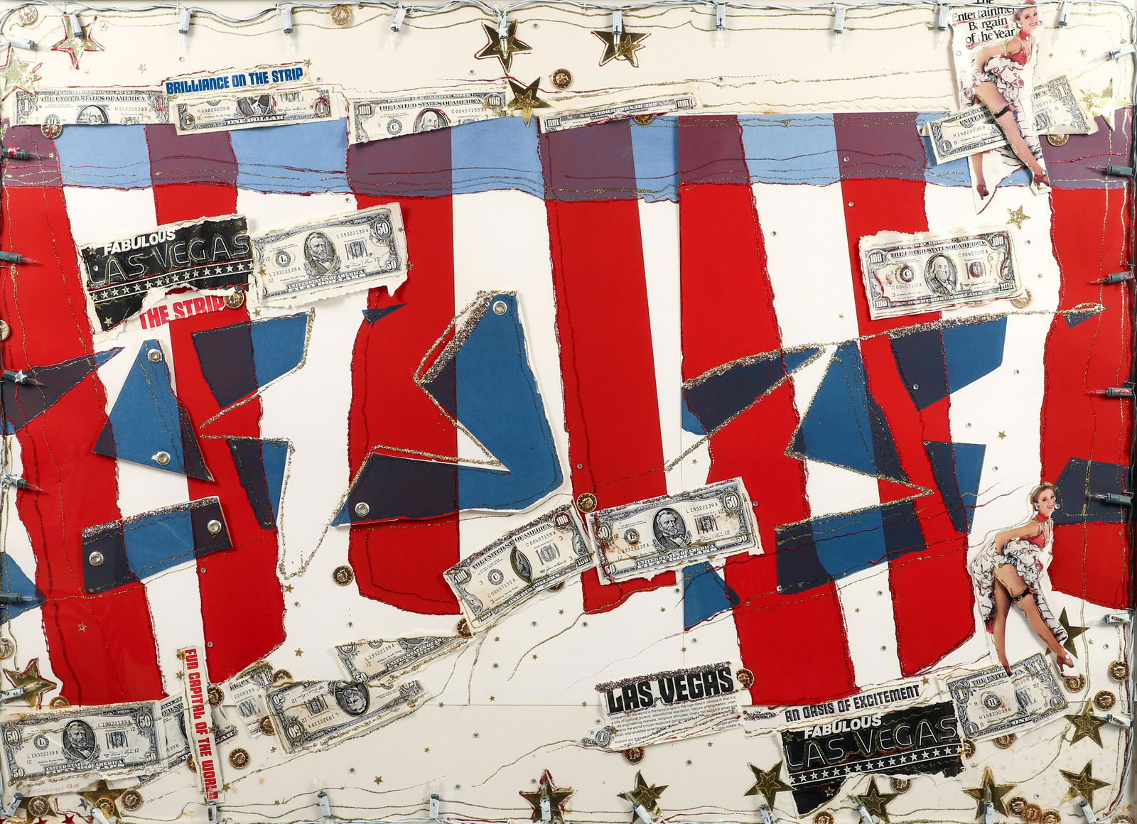 Fran Venardos Gialamas 1986 serigraph with collage Glitz: Gialamas, Fran Venardos (American/Western PA, contemporary, Glitz, 1986, serigraph, collage and lighting, 32 x 44 inches. Provenance: The Artist's Studio, Exhibited at Butler Art Institute of American