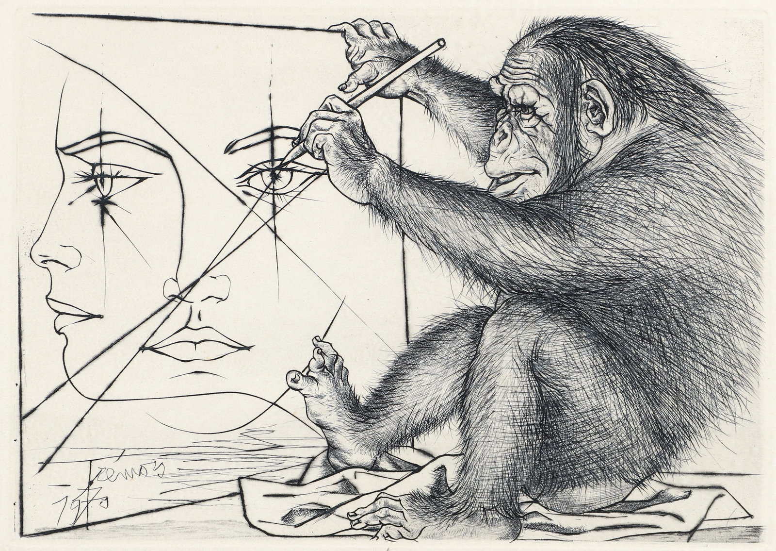 Tremois The Monkey Artist 1970 Signed Etching (1 of 6)