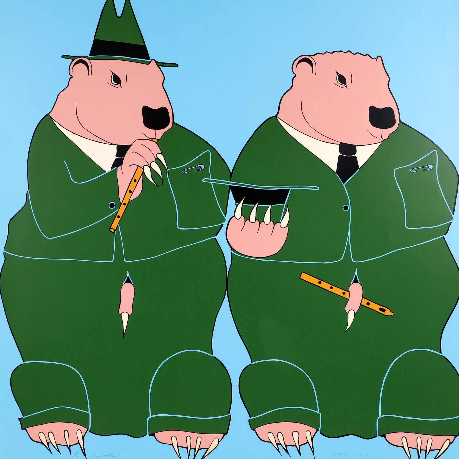 John Wesley 1971 signed serigraph Munich 1919: Wesley, John (American, 1928-2022), Munich 1919, printed 1971, serigraph on wove paper, pencil signed, dated, titled, and marked A/P, impression 30 x 30 inches, full sheet 34 x 34 inches, unframed.