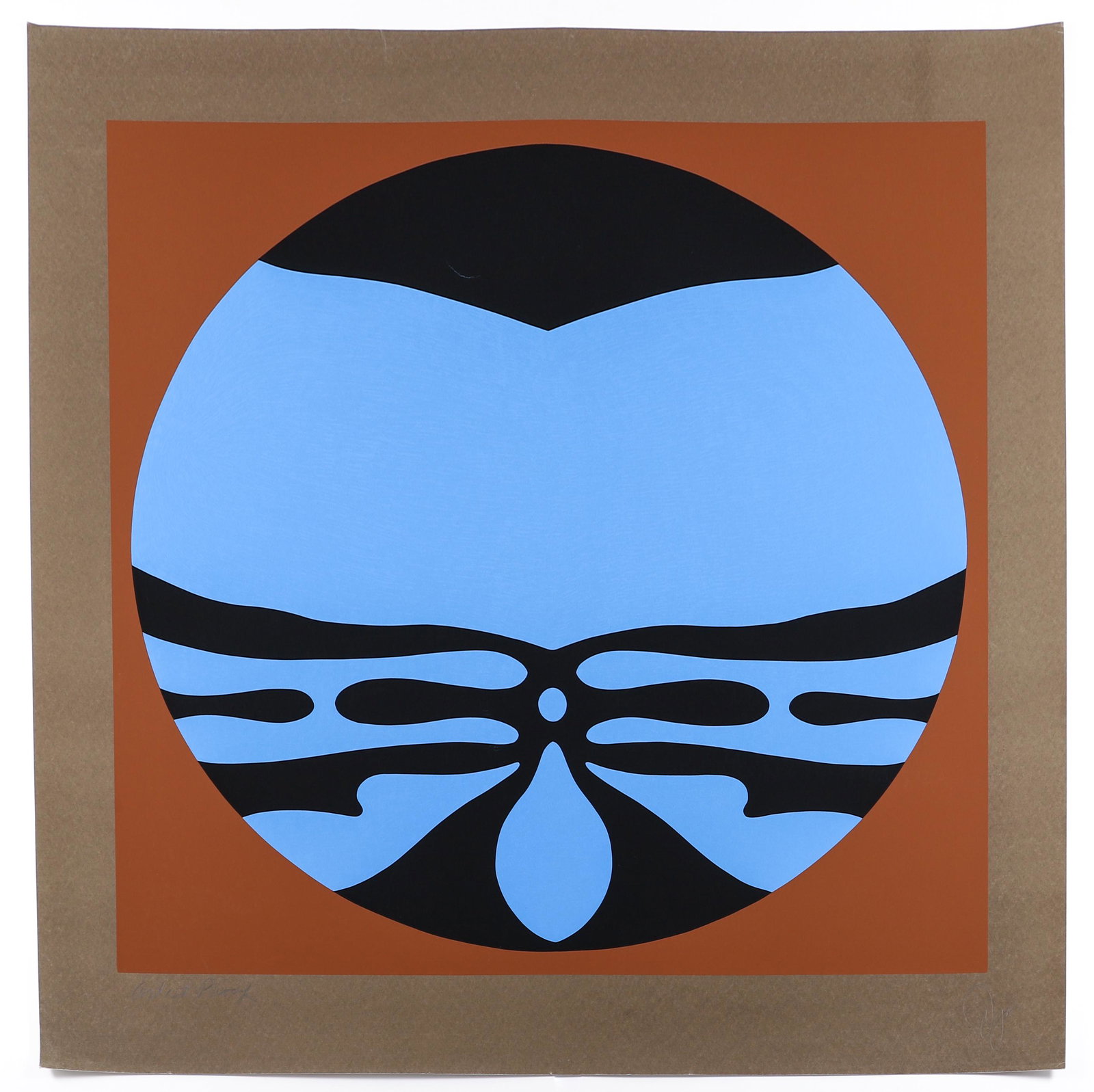 Jack Youngerman 1978 Untitled serigraph from Blue/Brown Suite: Youngerman, Jack (American, 1926-2020), Untitled (Black, Blue on Brown), from Blue/Brown Suite, 1978, serigraph printed in colors, 46.25 x 54 inches, pencil signed and inscribed Artist's Proof, unfram