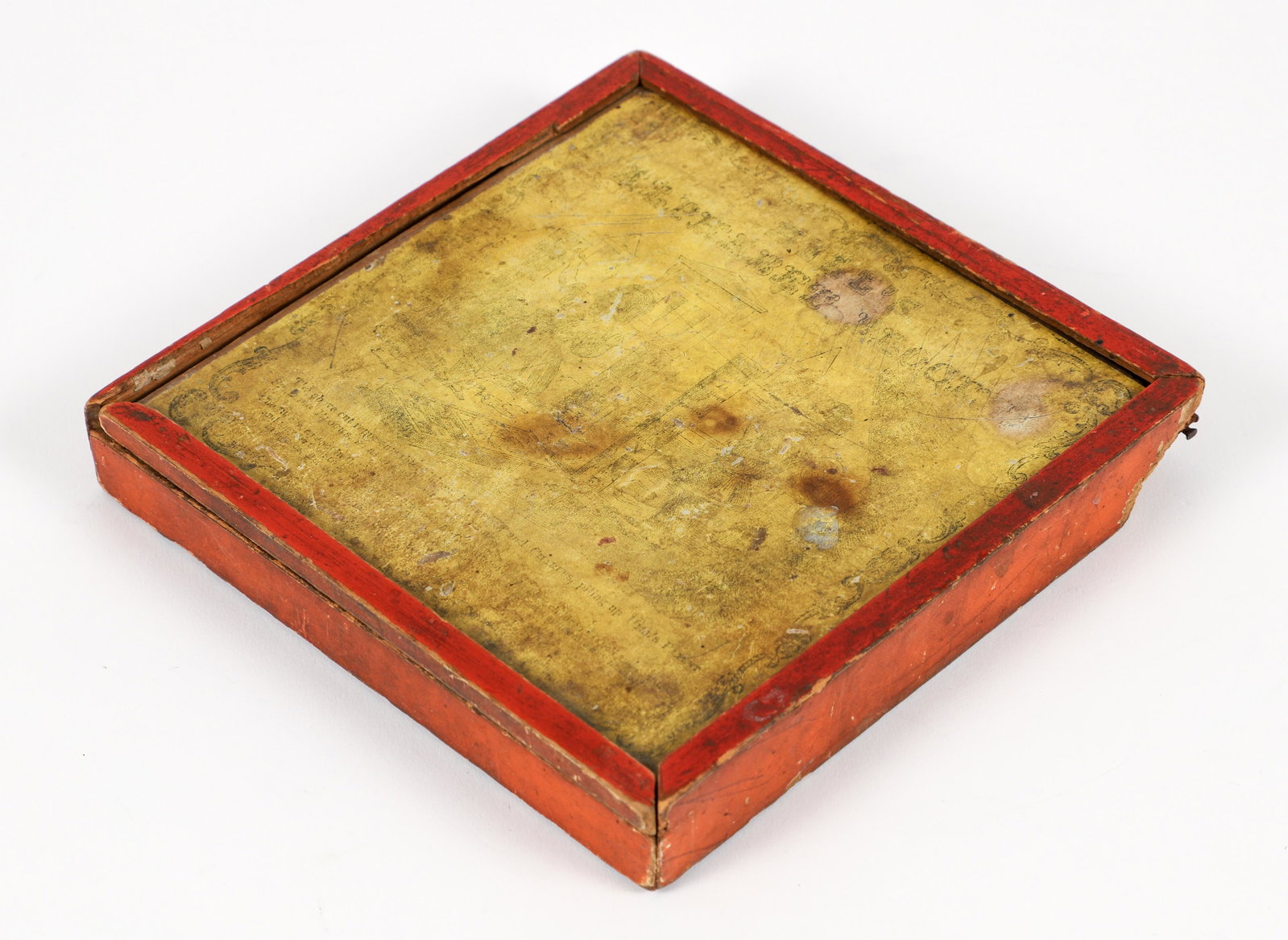 Pennsylvania Amish Spelling Puzzle Board: 19th Century Pennsylvania Amish Puzzle Spelling Board with letter and number blocks , Camp Hill Pennsylvania, 6 x 6 x 1 inches, painted box and original finish