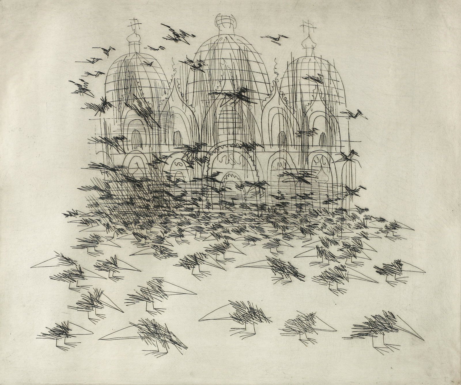 Mid Century modern Signed Etching with Pigeons (1 of 5)