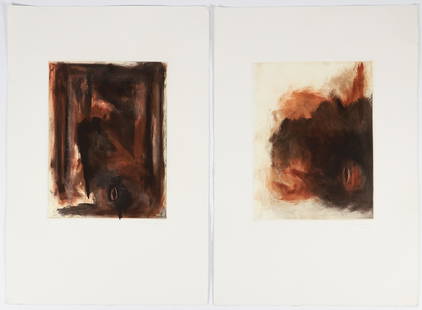 2 Sarah Amos 1995 Untitled Rust and Black Monoprints: Amos, Sarah (Contemporary Australian/American), 2 Untitled Monotypes (Rust and Black), 1995, monotype or painting on paper, 12 x 9 inches, each signed, dated, and inscribed 1/1, printed at Garner Tull