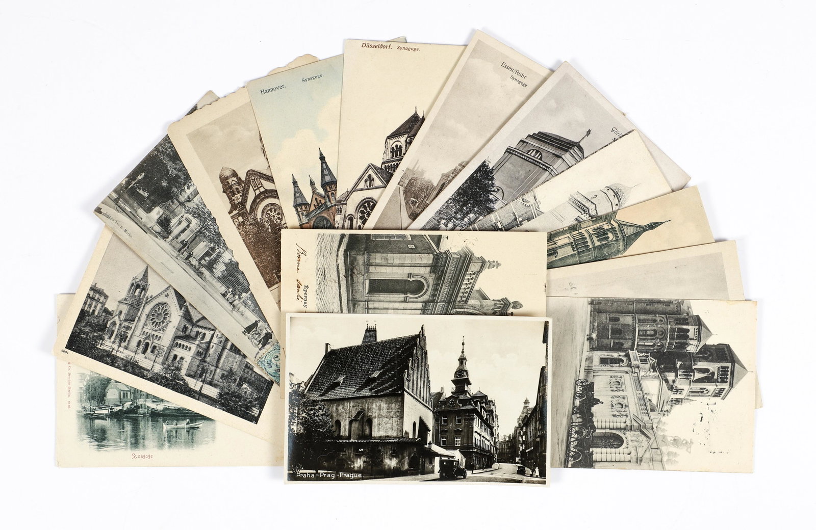 14 early 20th century Postcards European Synagogues: Lot of 14 early 20th century Postcards European Synagogues, primarily in Germany, 3.5 x 5.5 inches, some mailed and written on, those postmarked are from the first decade of the 1900s. An important gr
