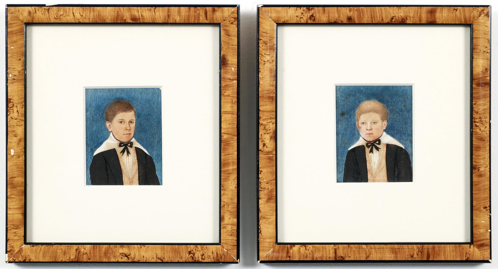 American portraits of The Rector's Sons: Mid 19th Century American School Portrait School, Two Portraits of The Deacon's or Rector's Sons, mid 19th Century, gouache and pencil, 2.75 x 2.2 inches, framed in burl wood frames measuring 7.5 x 6.