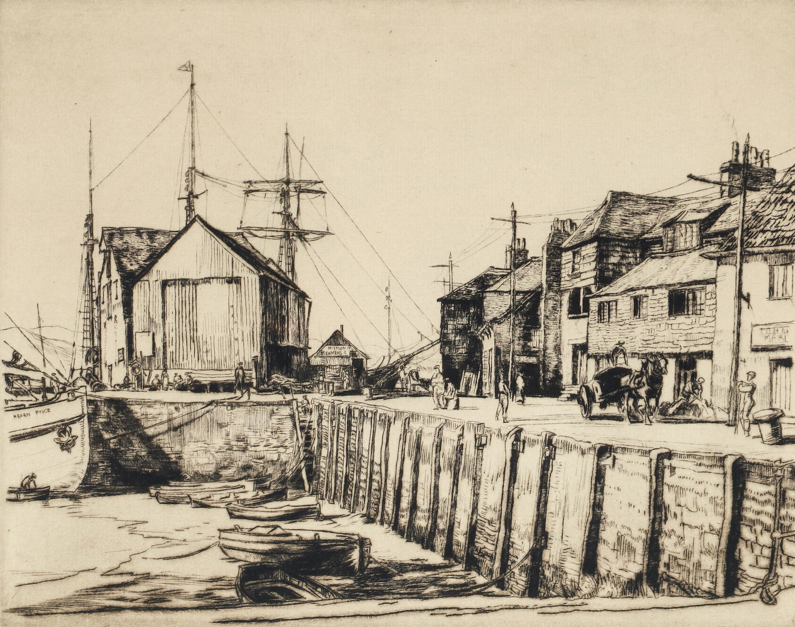 Muirhead Bone Mystery Ship Padstow Etching: Bone, Muirhead (Scottish, 1876-1953), Mystery Ship, Padstow, engraving, signed in pencil to bottom right, quote by A.M. Hind at verso, image 7 x 8.75 inches, frame 13.5 x 15.75 inches.