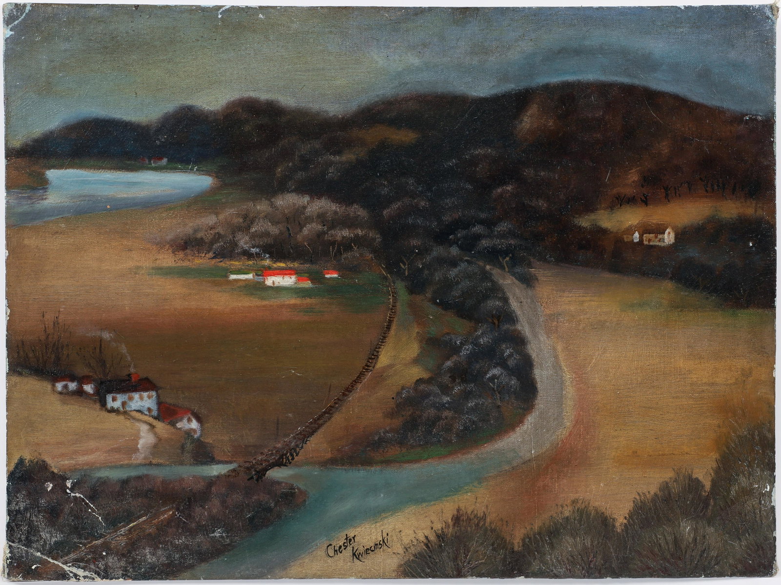 Chester Kwiecinski oil Farm Along the River: Kwiecinski, Chester (20th Century Self Taught School), Farm Along the River, oil on canvasboard, 18 x 24 inches, signed lower center, Provenance: Harry Eichleay Art Gallery, Pittsburgh, Pa.