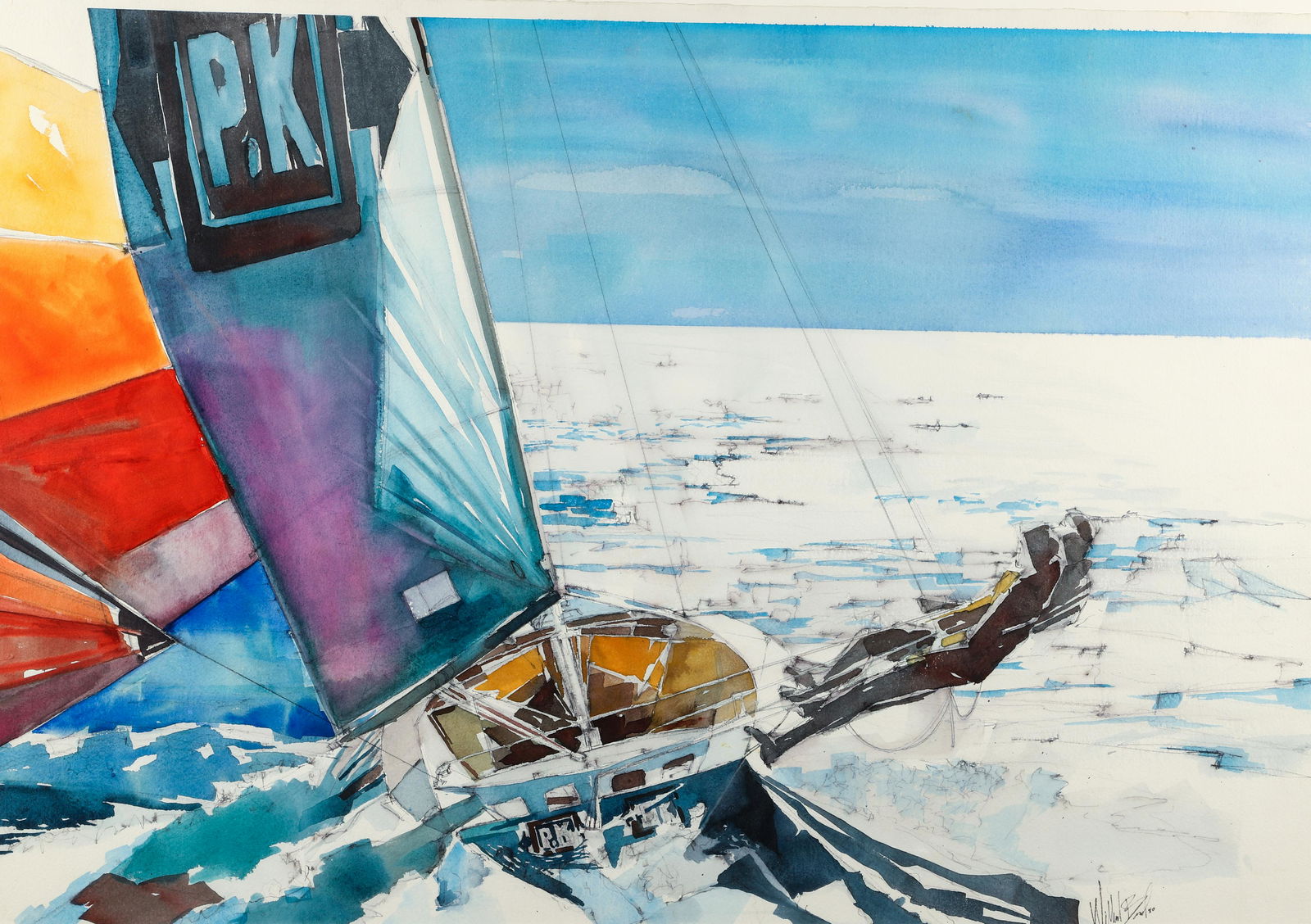 Willard Gordon Bond 1980 watercolor Sailors Hiking Out: Bond, Willard Gordon (American 1926 - 2012), Sailors Hiking Out, 1980, watercolor, 28 x 39.5 inches, signed and dated lower right, framed measuring 37.5 x 49 inches framed