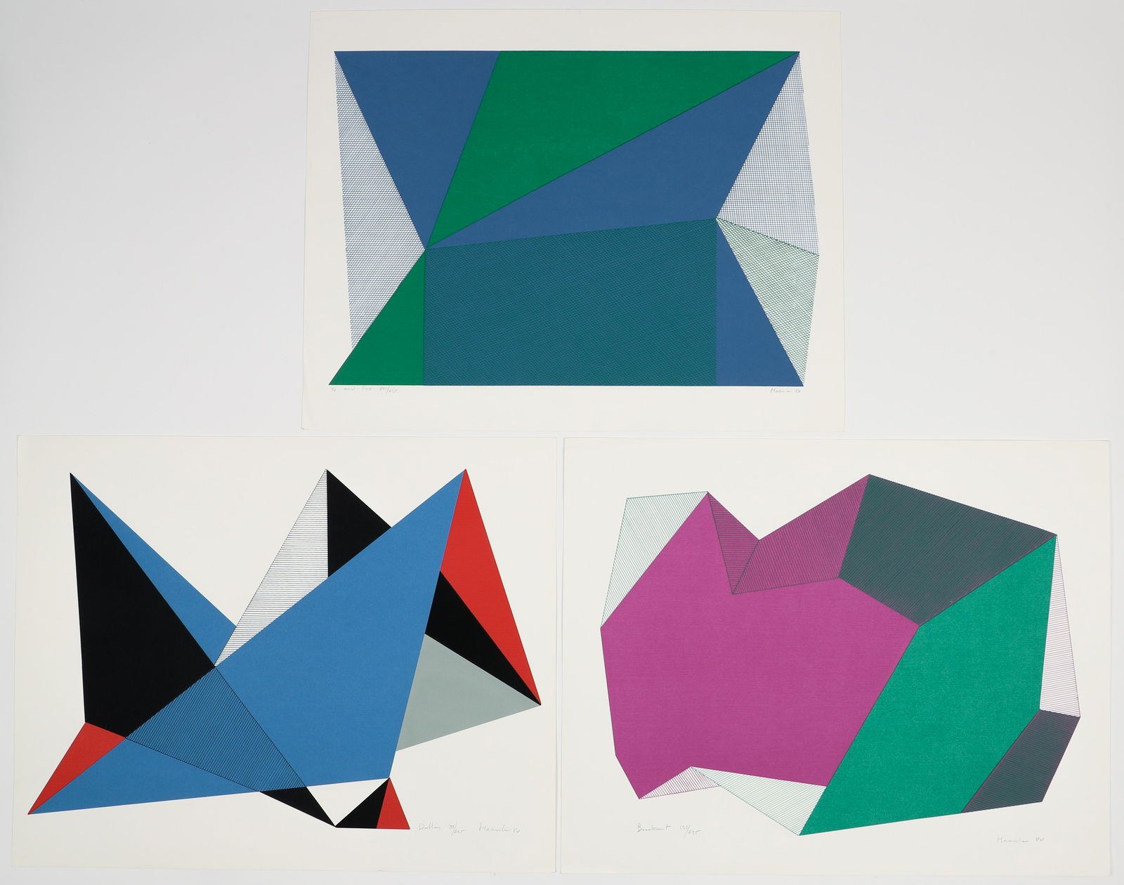 3 Jean-Marie Haessle 1980 signed serigraphs: Haessle, Jean Marie (French/American, b.1939), Dallas, 1980, 39/295, Breakout 1980, 132/295, To and Fro, 1980 201/295, serigraphs printed in colors, each pencil signed and numbered, 23 x 29 sheet size