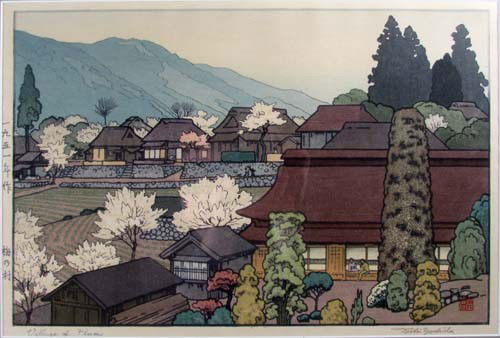 Toshi Yoshida Village of Plums woodblock: Artist: Yoshida, Toshi, 1911-1996 Title: Buncho Date: 1927 Medium: color woodblock Dimensions: 15.75 x 10.5 inches Signature: Pencil signed and titled lower margin Frame Type: silver<