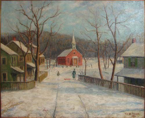 W.E. Baum The Red Church: Artist: Baum, Walter Emerson Title: The Red Church Date: 1921 Medium: oil on artists boards Dimensions: 24.5 x 29.5 inches Signature: Signed and dated lower right Frame Type: gold pai